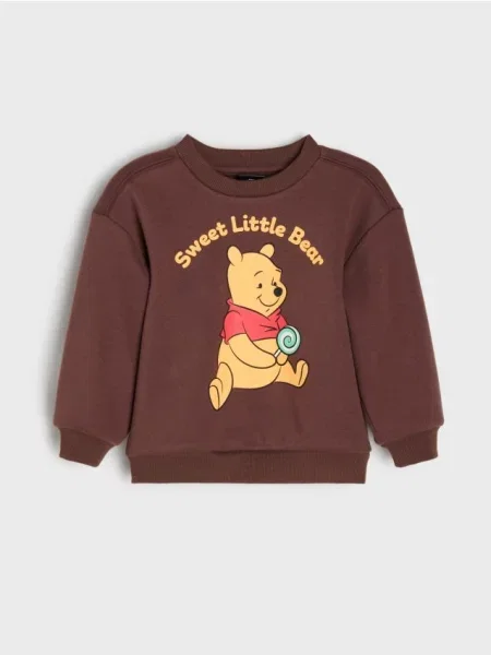 Sinsay Zateplená mikina crewneck s potiskem Winnie the Pooh tmavě hnědá