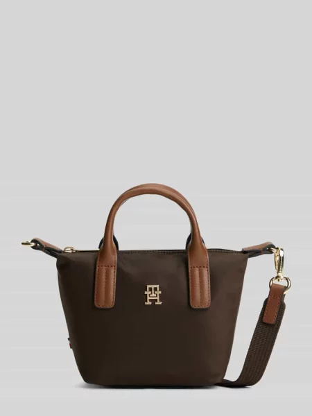 Torba z uchwytem z detal z logo Tommy Hilfiger brązowa