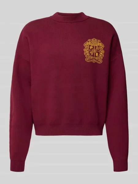 Sweter z dzianiny z emblematem i okrągłym dekoltem Prohibited bordowy