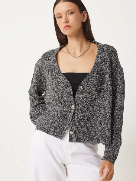 Happiness İstanbul Geacă tricotată gri metalic / negru alb