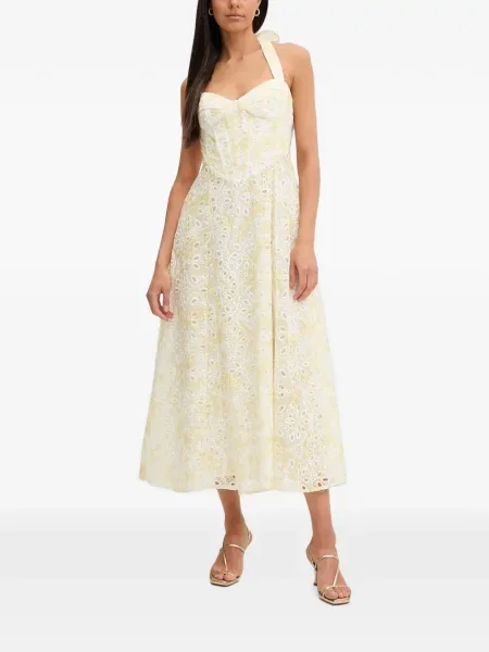 Rochie midi Bardot cu broderie cu model floral galben