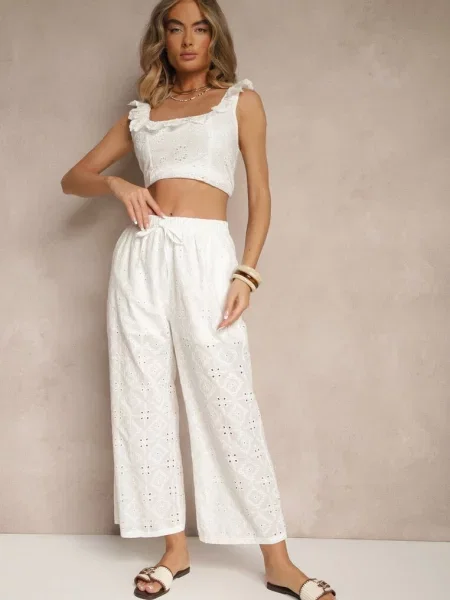 Spodnie High Waist z Bawełnianej Tkaniny Zdobionej Haftem Mevirona białe