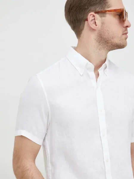 Michael Kors koszula lniana slim z kołnierzykiem button-down biały