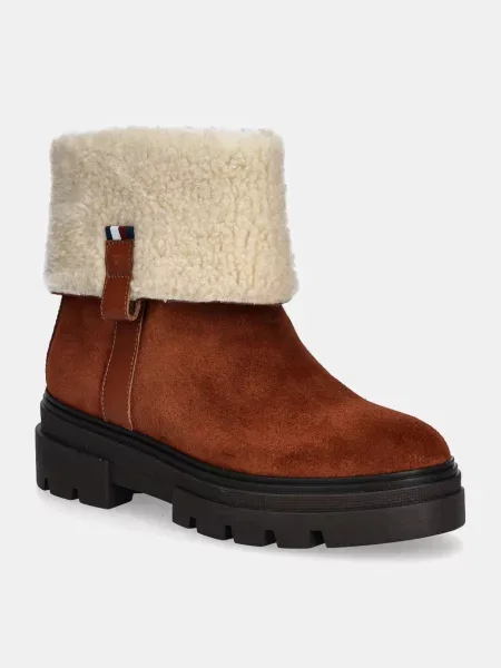 Tommy Hilfiger botki zamszowe FAUX FUR SUEDE ROLL-DOWN BOOT na płaskim ocieplone brązowy