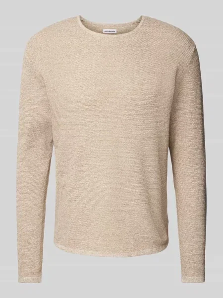 Sweter z dzianiny z prążkowanym okrągłym dekoltem model ‘GEORGE’ Jack & Jones beżowy