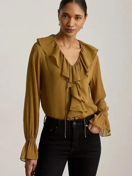 Lauren Ralph Lauren bluză cu volane pentru femei maro