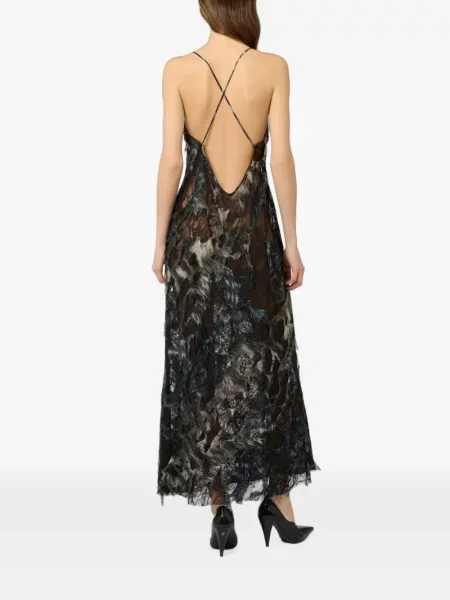 Rochie maxi Roberto Cavalli cu pene din dantelă negru