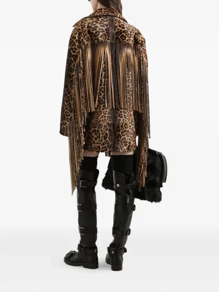 Palton Dolce & Gabbana cu franjuri cu model leopard maro