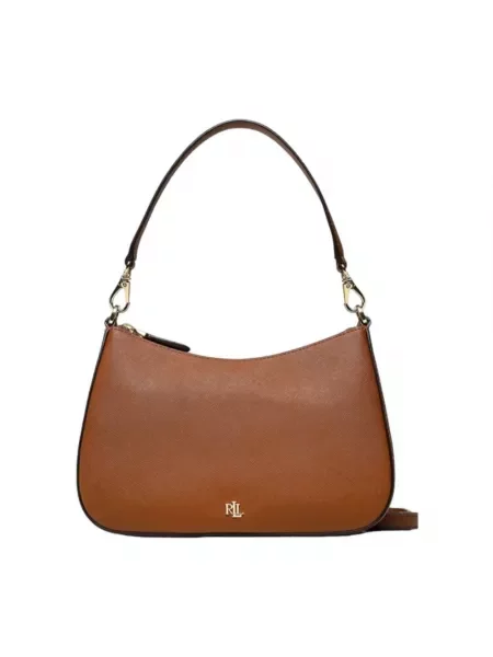 Torebka ze skóry bydlęcej z aplikacją z logo Lauren Ralph Lauren brązowa