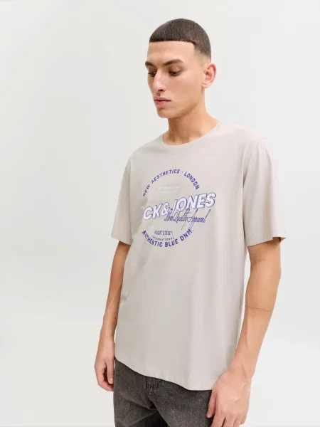 JACK & JONES Majica ecru / temno modra bela