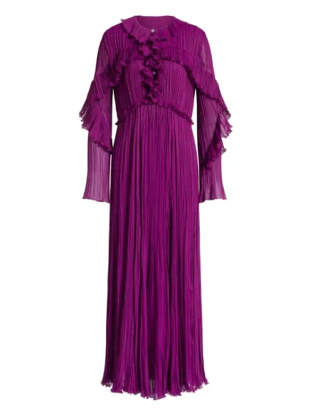 Sukienka midi Alberta Ferretti z falbankami plisowana do kolan fioletowa