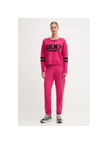 Sweter Dkny w paski z logo różowy