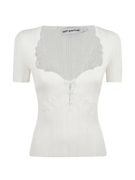 Bluză Self-portrait din dantelă cu nervuri alb