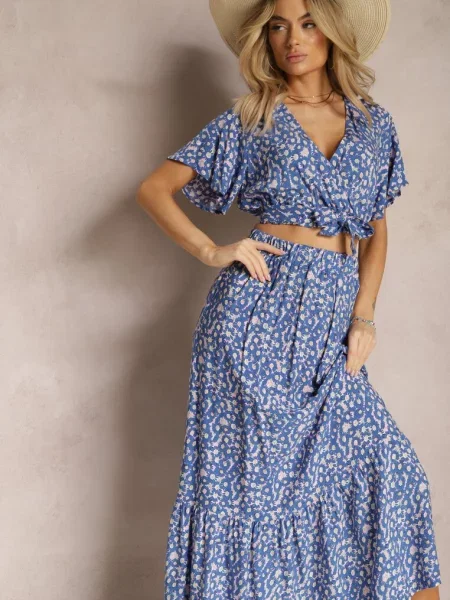 Letni Komplet z Długa Spódnica i Top Kopertowy z Wiązaniem Ajarde niebieski