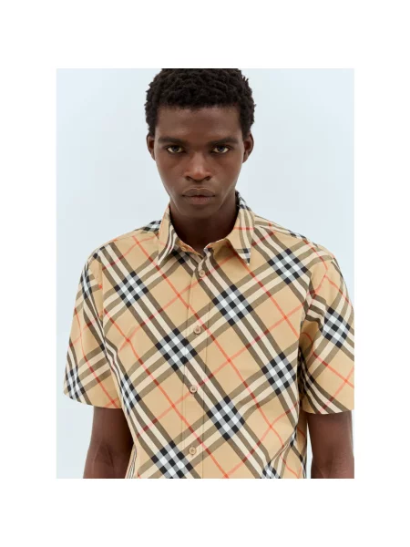 Koszula z krótkim rękawem Burberry w kratę popelinowa retro beżowa