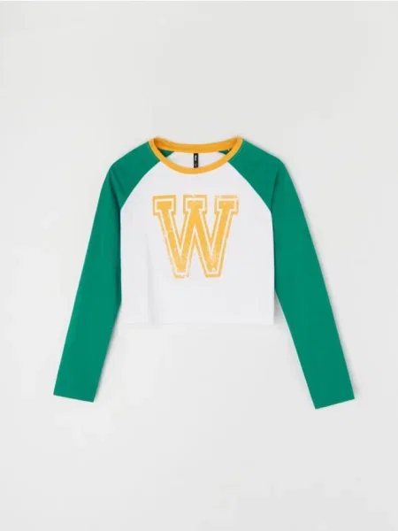 Кроп-топ з довгими реглан-рукавами та принтом свіжий зелений