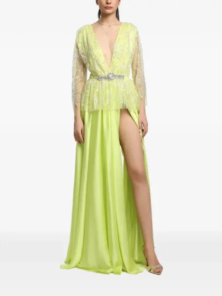 Sukienka maxi Miau By Clara Rotescu z dekoltem w serek z kryształkami żółta