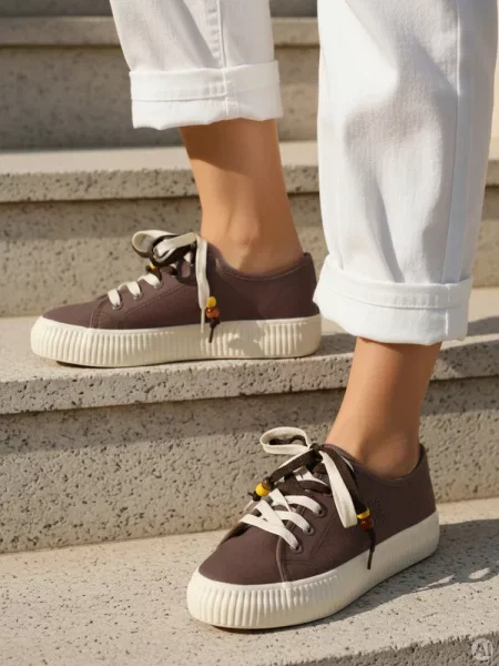 Sneakersy typu tenisówki z ozdobnymi koralikami brązowe