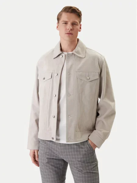 BOSS Usnjena jakna Johot siva