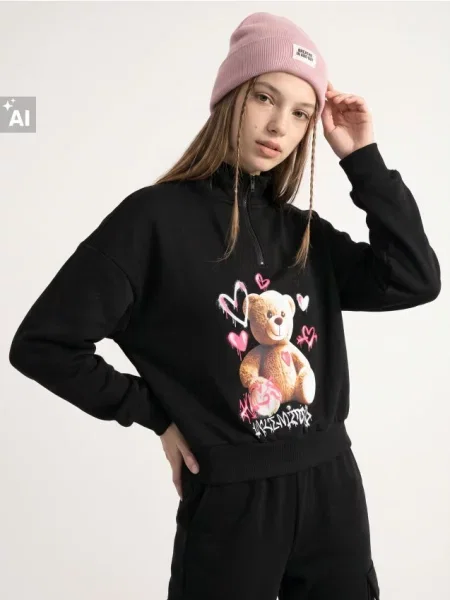 Sinsay Mikina half-zip s potiskem medvídka černá