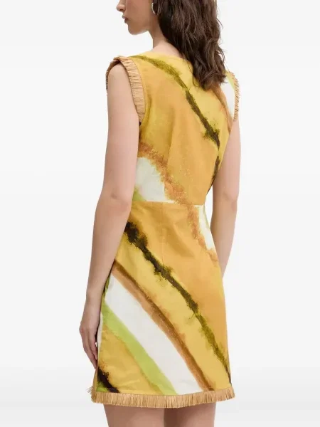 Rochie mini Never Fully Dressed cu franjuri cu imprimeu abstract de costum galben
