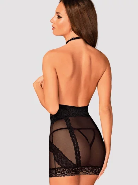 Сорочка и трусики стринг с открытым доступом Комплект_Obsessive_Lacrisia_chemise чорна