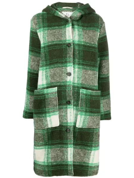 Palton Woolrich de lână în carouri cu glugă verde