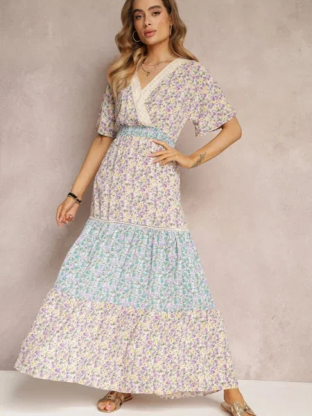 Rochie maxi mov-albastru cu in talie si banda cu dantela Marea albastru