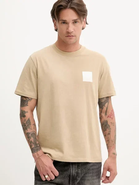 T-shirt z nadrukiem z logo i okrągłym dekoltem model ‘Dapusi’ Hugo beżowa