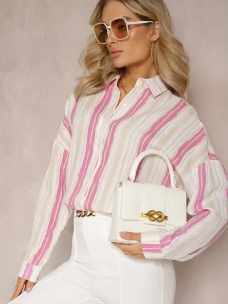 Cămașă Casual din în Dungi Sileata Bej-Fucsia bej
