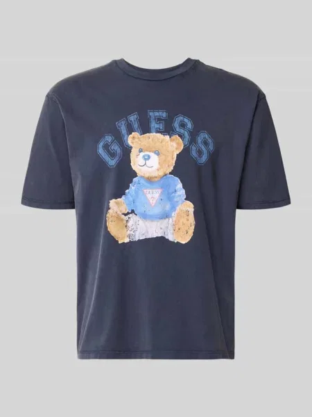T-shirt z nadrukiem z motywem i okrągłym dekoltem Guess niebieska
