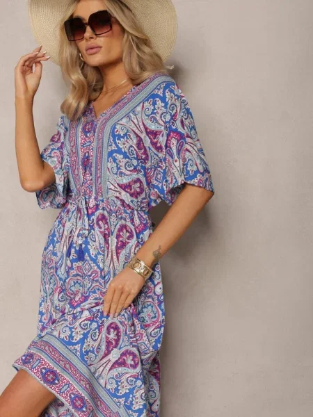 Niebiesko-Fuksjowa Sukienka Maxi z Gumką w Pasie Ozdobiona Wzorem Paisley Larite niebieska