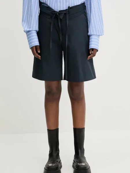 Ottolinger pantaloni scurți Double Fold bleumarin uni high waist