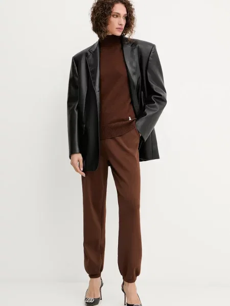 Patrizia Pepe sweter wełniany lekki z półgolfem brązowy