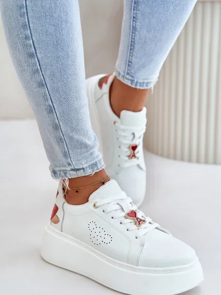 Sneakerși Kesi din piele cu model floral cu platformă alb
