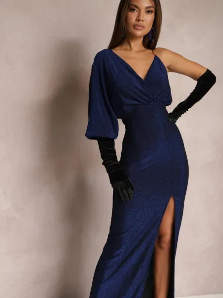 Rochie maxi bleumarin strălucitor cu croială asimetrică decolteu triunghiular și crăpătură Imisnna