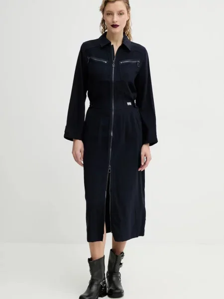 G-Star Raw sukienka granatowy midi rozkloszowana