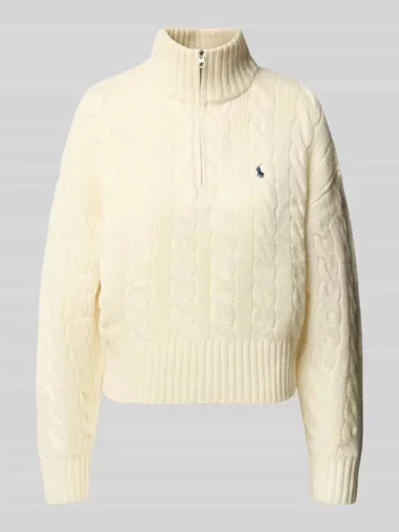 Kardigan Polo Ralph Lauren wełniany z logo z dekoltem w serek beżowy