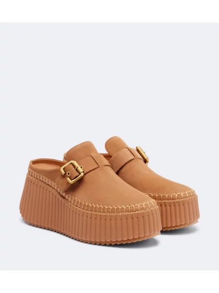 Papuci tip mules Chloé din piele cu platformă maro