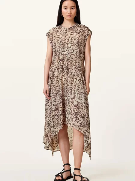 AllSaints rochie ARWEN midi evazati bej