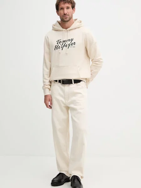 Tommy Hilfiger pulover s kapuco bombažen bež