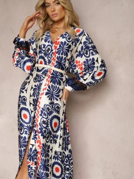 Rochie tip Sacou din Satinat cu Model Ornamental Allilena albastră