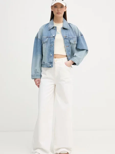Calvin Klein Jeans crop top bombažen z elastanom bež