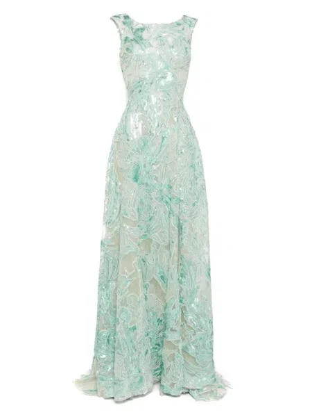 Rochie maxi Saiid Kobeisy cu broderie lungă de costum verde