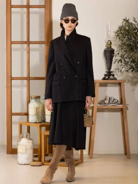 Двобортний жакет з вовни в смужку Brunello Cucinelli чорний