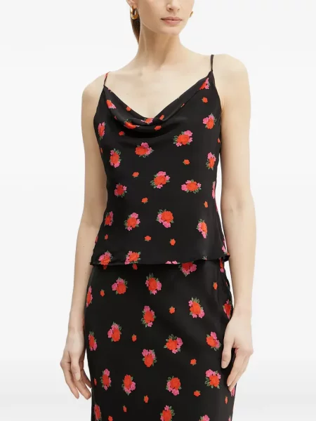 Top Bardot fără mâneci cu model floral negru