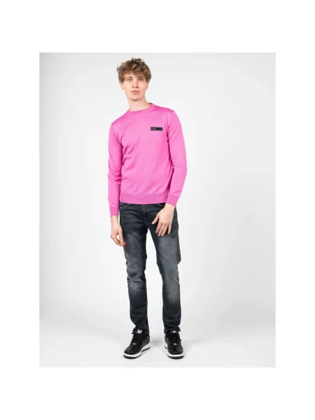 Sweter Plein Sport z wełny merino w paski z paskiem różowy