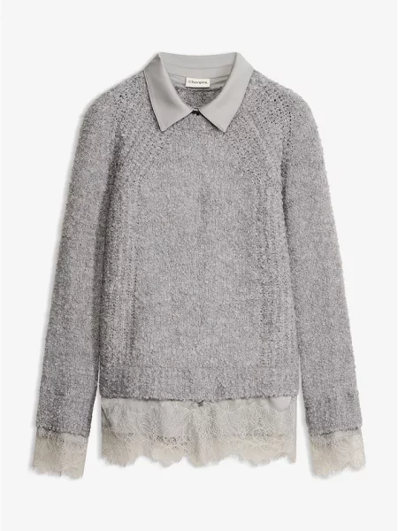 Sweter z koszulową wstawką szary