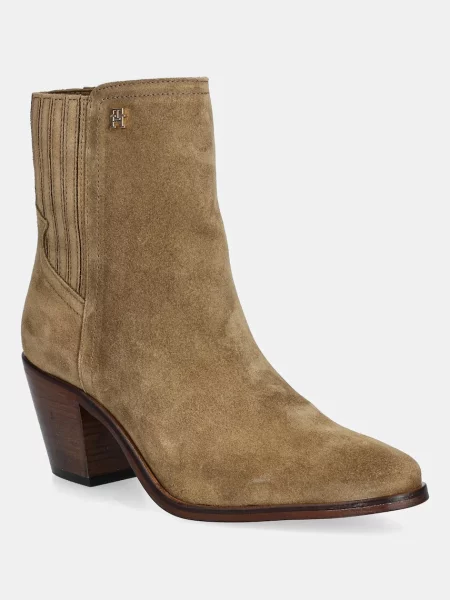 Велурени боти Tommy Hilfiger WESTERN MID HEEL SUEDE CHELSEA с дебел кафяво