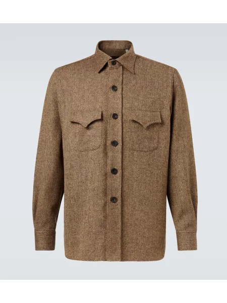 Вълнена каубой риза Rubinacci с десен рибена кост кафяво